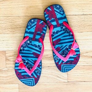 Ipanema red ribbon flip flops with colorful insoles, size 5